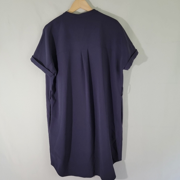 Theory Women Navy Shirt Dress Sz L Faux Silk Short Sleeve Midi Pocket High-Low - Picture 2 of 12